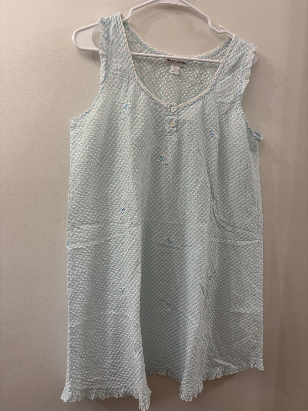 Eileen Weat Light Blue Textured Sleeveless Nightgown - large - floral embroidery